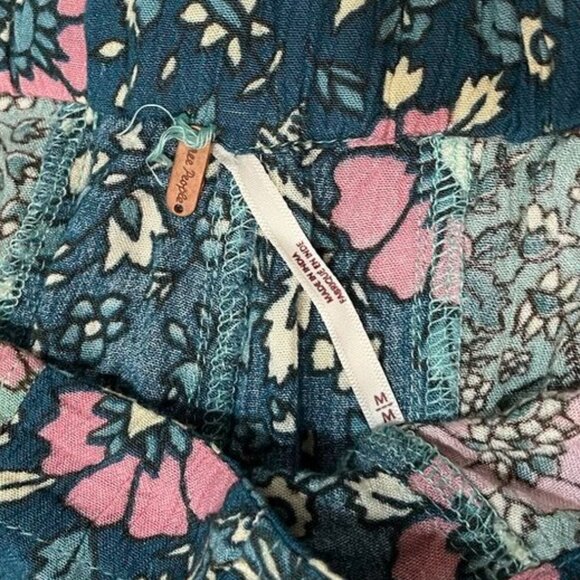 Free People Bali Sultry Boho Floral Flare Pants Teal Pink Green M Perfect Gift - Picture 7 of 13